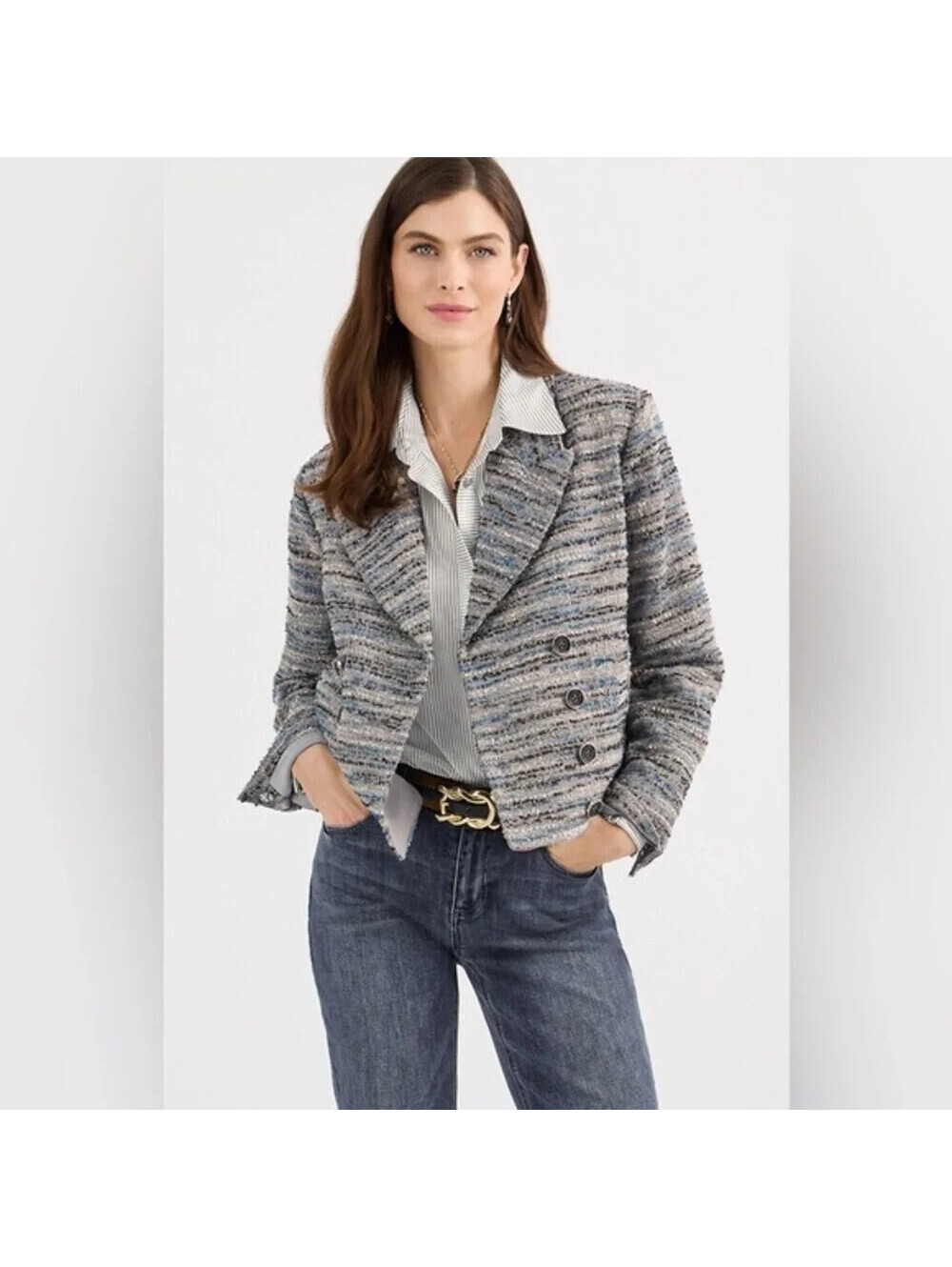 CAbi NWT #4676 Sz M Radiance Jacket Blue Pewter Stripe Wool Blend Double Breast